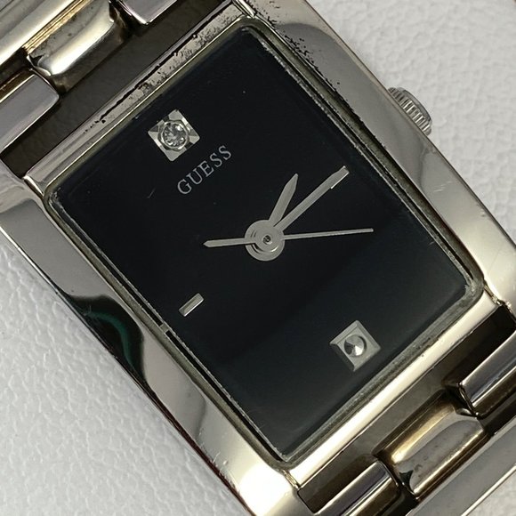 Guess Silver Tone Watch Black Face Diamond Accent